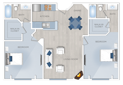 Floor plan for 2 beds, 2 baths, 990 sqft